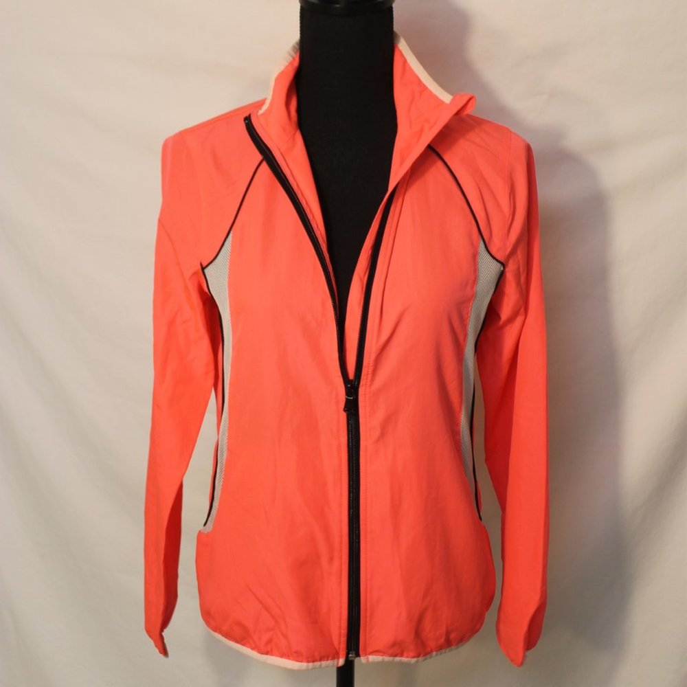 TEK GEAR NEON ORANGE & BLACK WINDBREAKER JACKET XS LONG SLEEVE FULL ZIP POCKETS